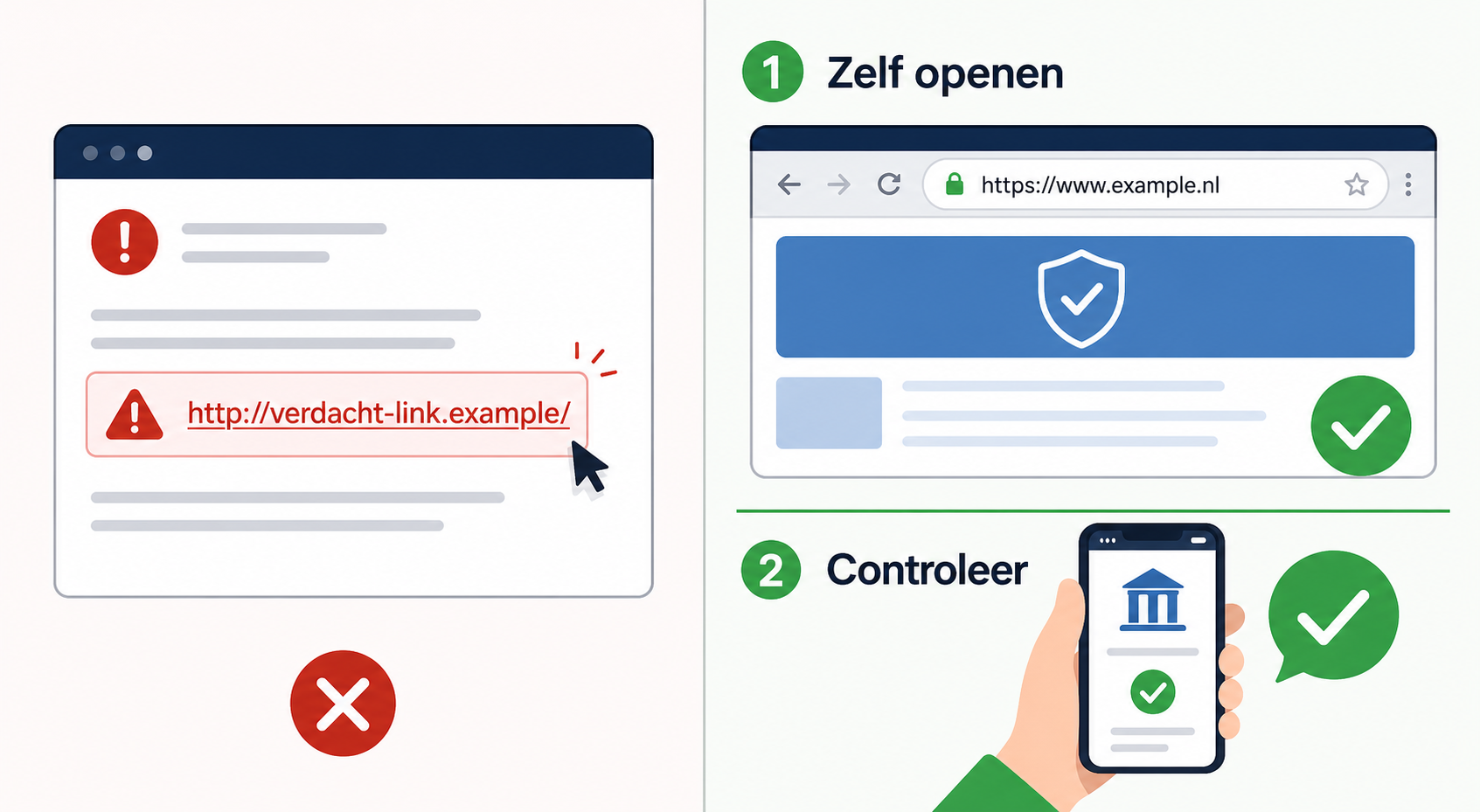 Voorbeeld van veilig zelf een bekend webadres openen en de afzender apart controleren.